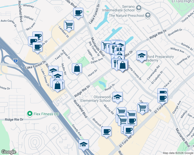map of restaurants, bars, coffee shops, grocery stores, and more near 24166 Fortune Drive in Lake Forest