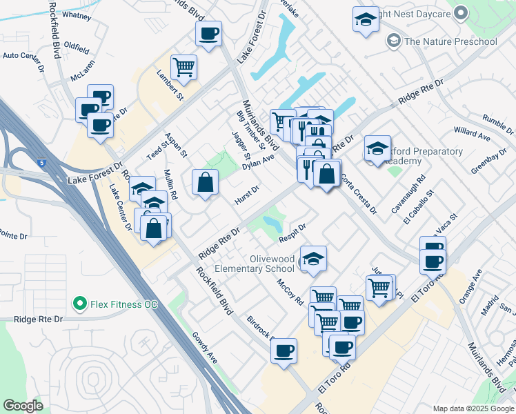 map of restaurants, bars, coffee shops, grocery stores, and more near 24166 Fortune Drive in Lake Forest