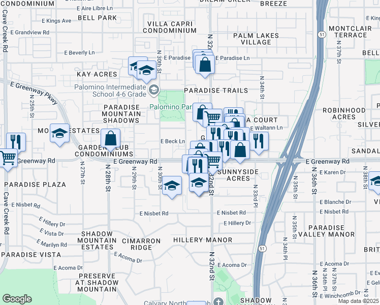 map of restaurants, bars, coffee shops, grocery stores, and more near 15411 North 31st Street in Phoenix