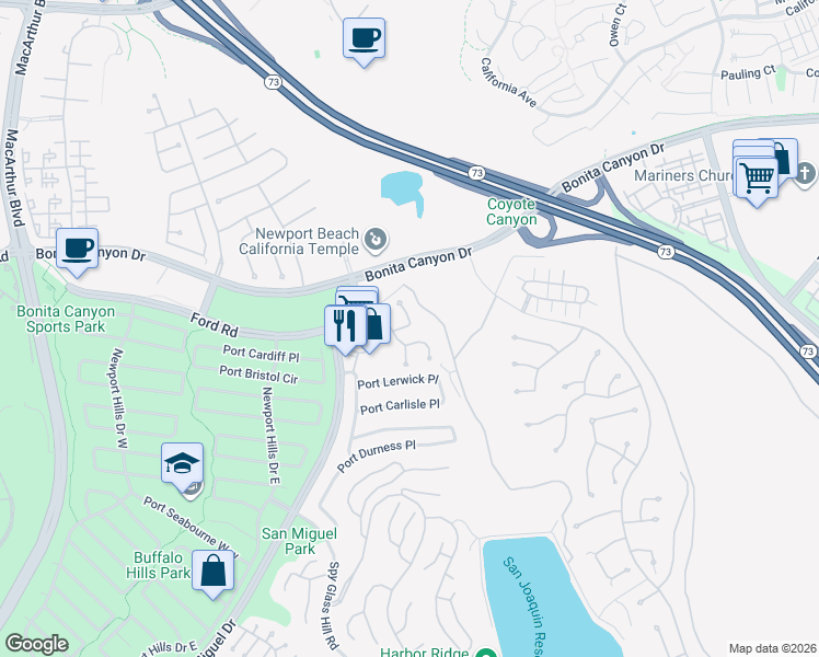 map of restaurants, bars, coffee shops, grocery stores, and more near 2748 Hillview Drive in Newport Beach