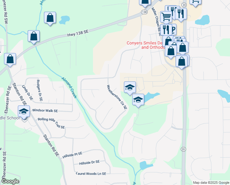 map of restaurants, bars, coffee shops, grocery stores, and more near 3001 Weldon Place Southeast in Conyers