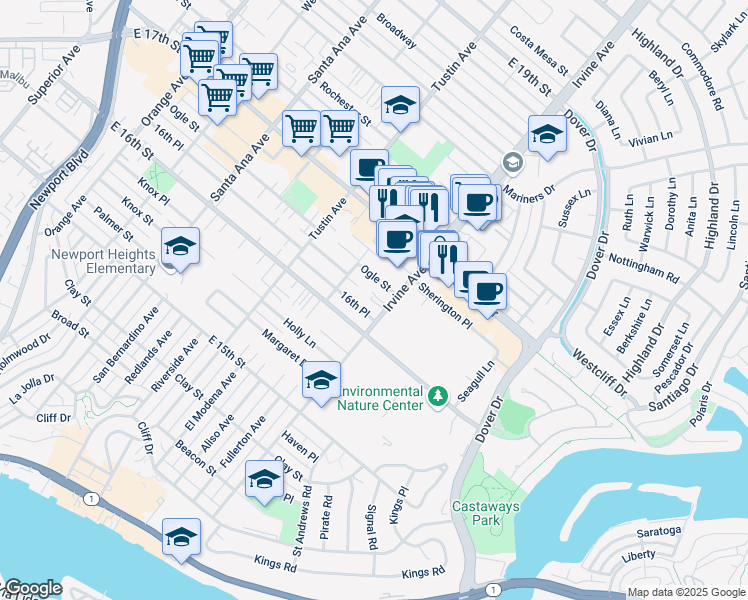 map of restaurants, bars, coffee shops, grocery stores, and more near 1631 Irvine Avenue in Costa Mesa