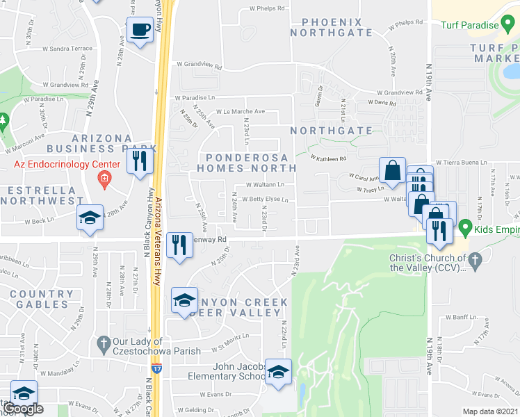 map of restaurants, bars, coffee shops, grocery stores, and more near 15446 North 23rd Drive in Phoenix