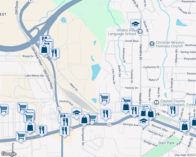 map of restaurants, bars, coffee shops, grocery stores, and more near 417 Barton Drive in Forest Park