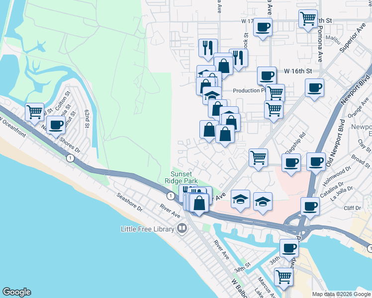 map of restaurants, bars, coffee shops, grocery stores, and more near 26 Odyssey Court in Newport Beach
