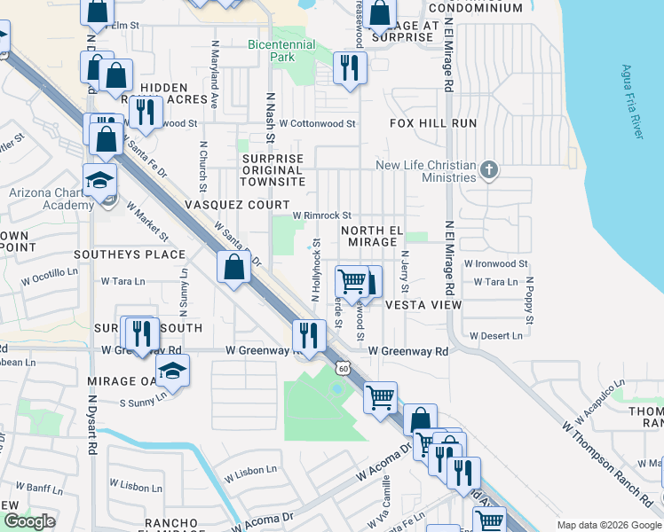 map of restaurants, bars, coffee shops, grocery stores, and more near 15640 North Verde Street in Surprise