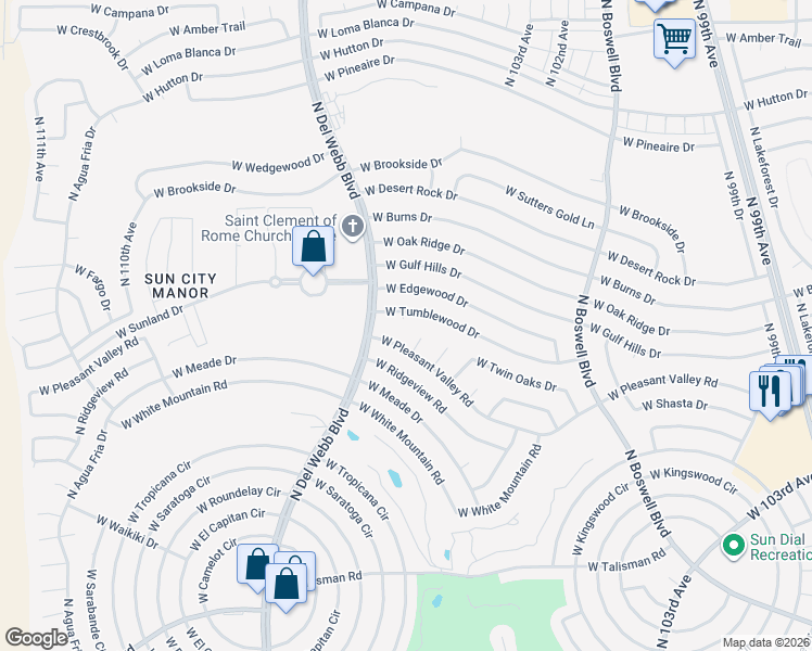 map of restaurants, bars, coffee shops, grocery stores, and more near 10609 West Tumblewood Drive in Sun City
