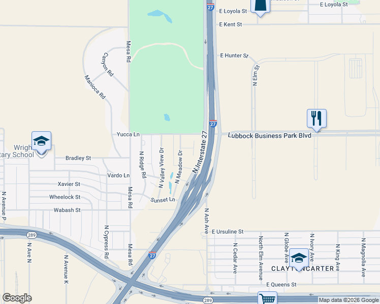 map of restaurants, bars, coffee shops, grocery stores, and more near 2816-2818 North Meadow Drive in Lubbock