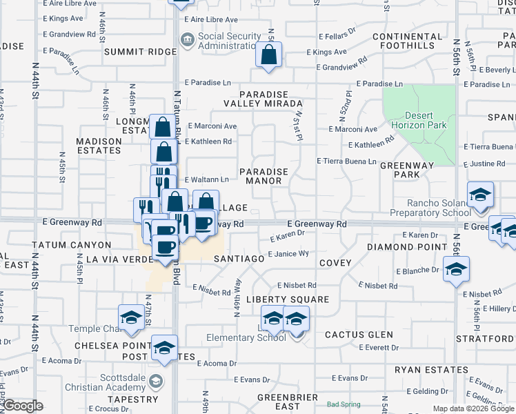 map of restaurants, bars, coffee shops, grocery stores, and more near 5025 East Waltann Lane in Scottsdale