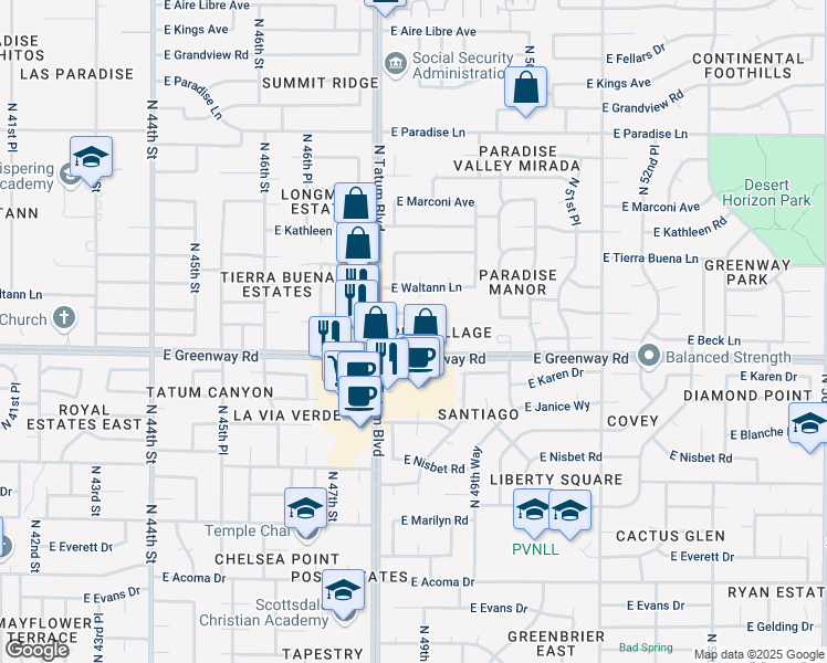 map of restaurants, bars, coffee shops, grocery stores, and more near 15425 North Tatum Boulevard in Phoenix