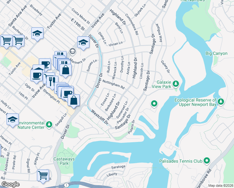 map of restaurants, bars, coffee shops, grocery stores, and more near 1102 Cambridge Lane in Newport Beach