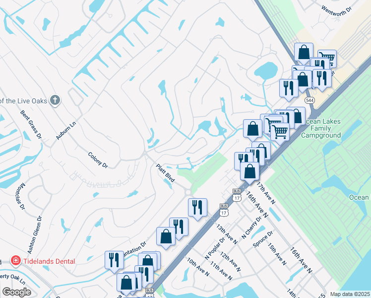 map of restaurants, bars, coffee shops, grocery stores, and more near 100 Deer Creek Road in Surfside Beach
