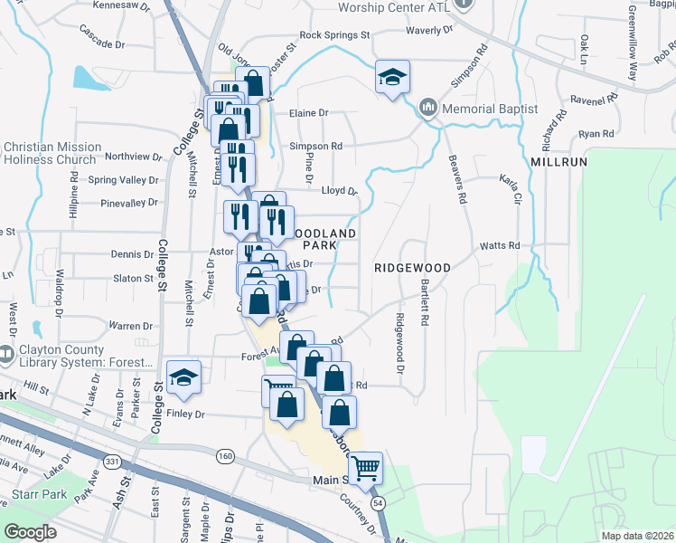 map of restaurants, bars, coffee shops, grocery stores, and more near 1133 Curtis Drive in Forest Park