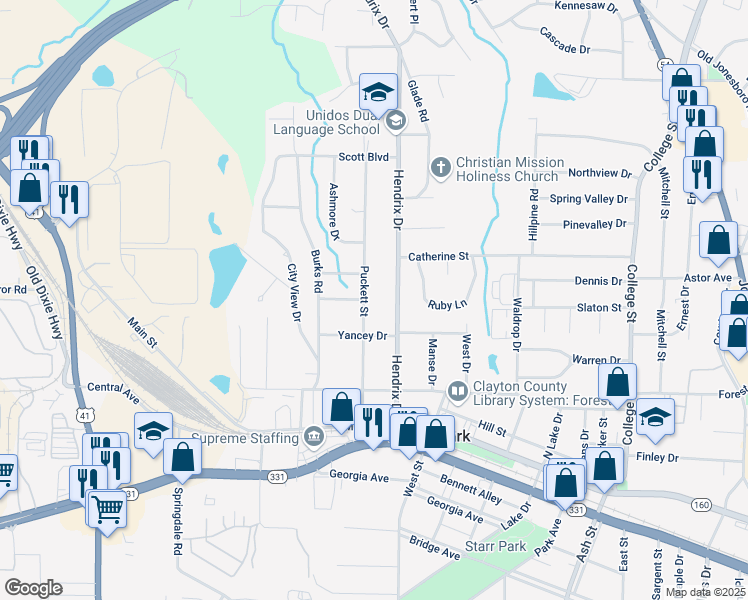 map of restaurants, bars, coffee shops, grocery stores, and more near 4694 Puckett Street in Forest Park