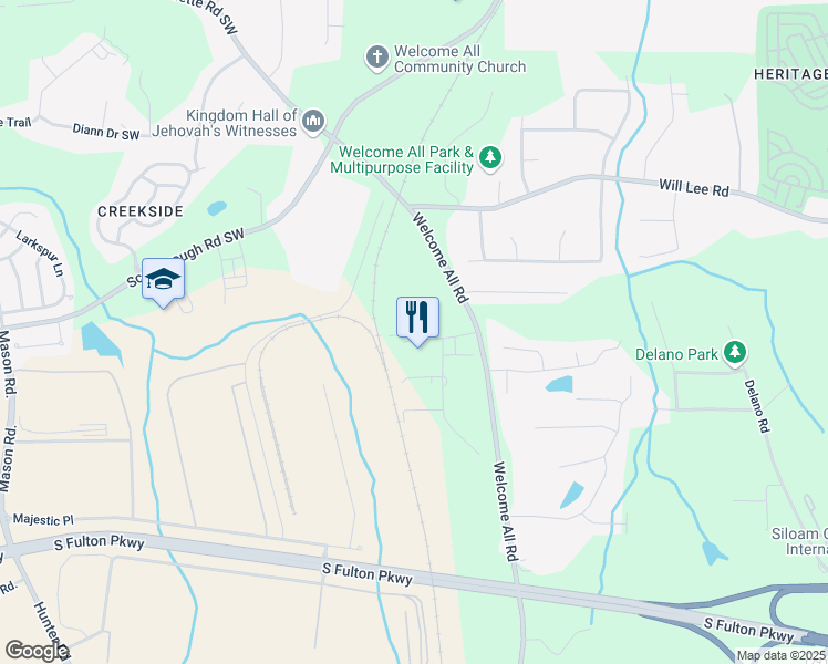 map of restaurants, bars, coffee shops, grocery stores, and more near 4685 Welcome All Road in Atlanta