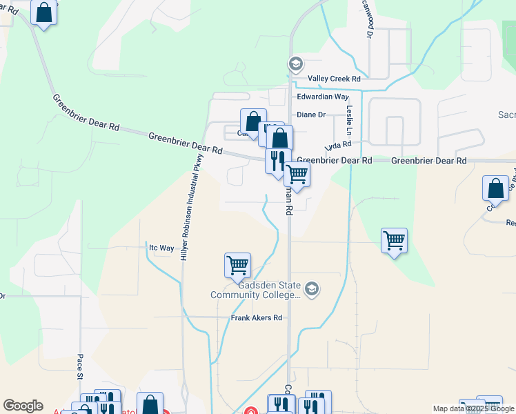 map of restaurants, bars, coffee shops, grocery stores, and more near 1528 Warrior Road in Anniston