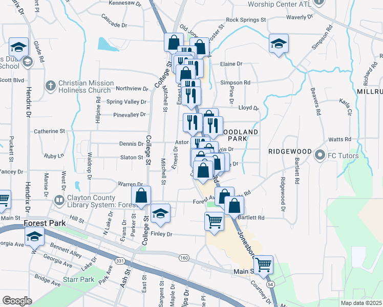 map of restaurants, bars, coffee shops, grocery stores, and more near 4671 Courtney Drive in Forest Park