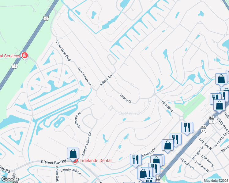 map of restaurants, bars, coffee shops, grocery stores, and more near 11 Colony Drive in Myrtle Beach