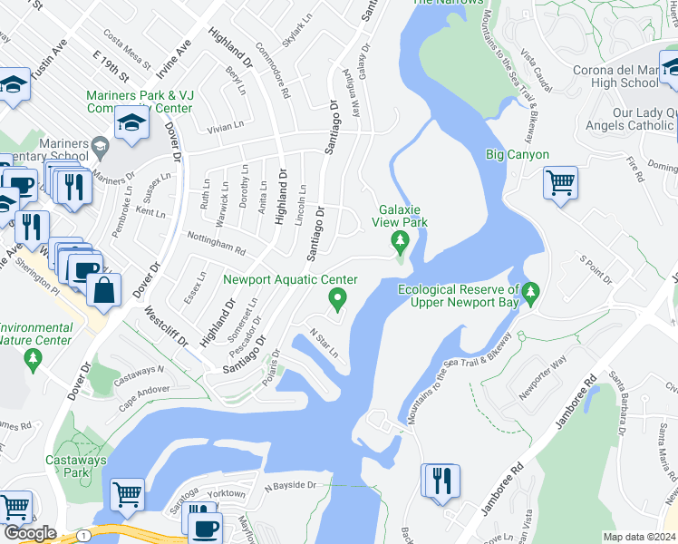 map of restaurants, bars, coffee shops, grocery stores, and more near 1330 Galaxy Drive in Newport Beach