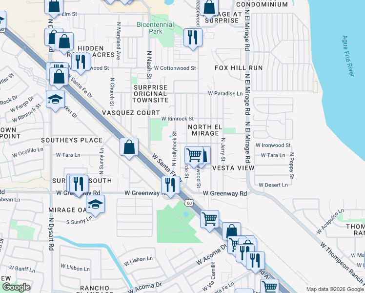 map of restaurants, bars, coffee shops, grocery stores, and more near 15640 North Verde Street in Surprise