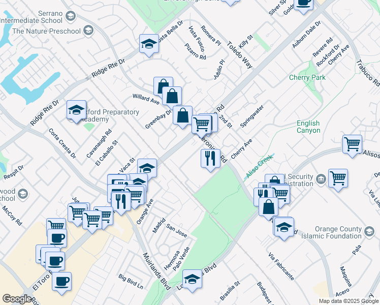map of restaurants, bars, coffee shops, grocery stores, and more near 23121 Orange Avenue in Lake Forest