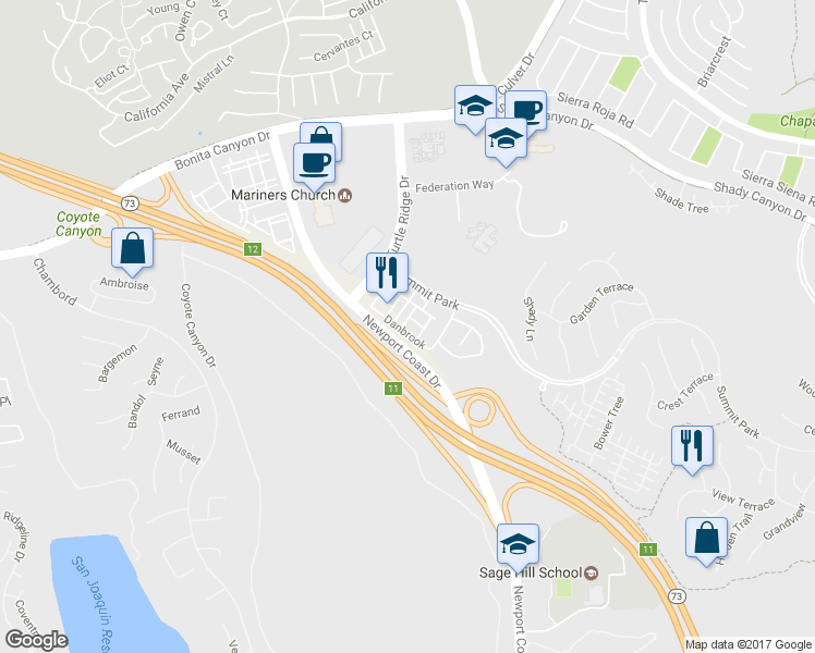map of restaurants, bars, coffee shops, grocery stores, and more near 205 Danbrook in Irvine