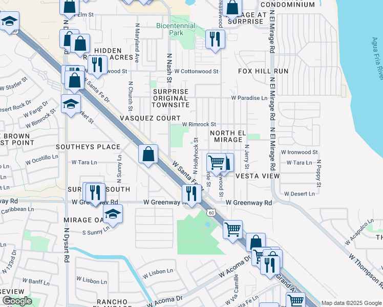 map of restaurants, bars, coffee shops, grocery stores, and more near 15660 North Hollyhock Street in Surprise