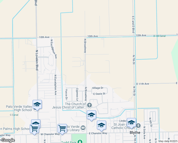 map of restaurants, bars, coffee shops, grocery stores, and more near 1006 North Broadway in Blythe