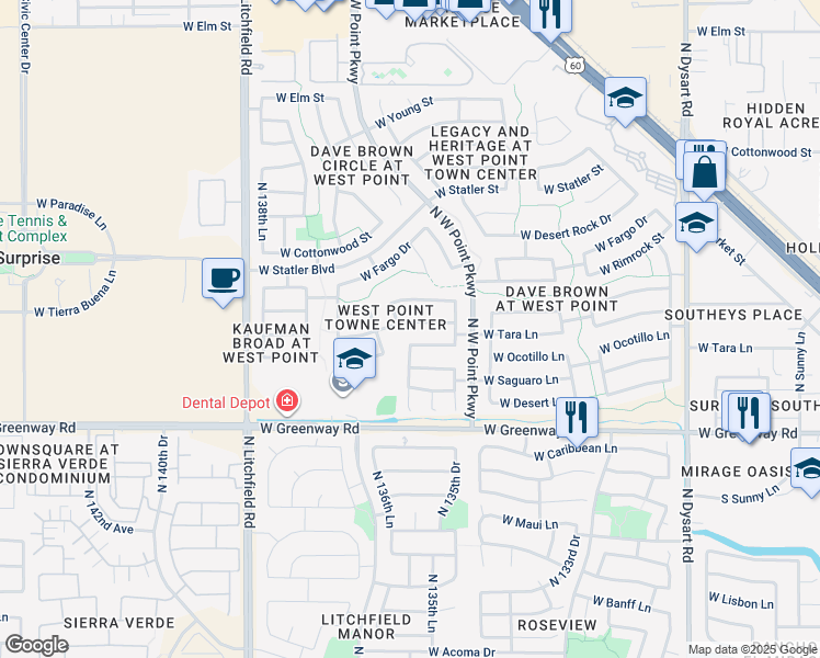 map of restaurants, bars, coffee shops, grocery stores, and more near 13603 West Tara Lane in Surprise