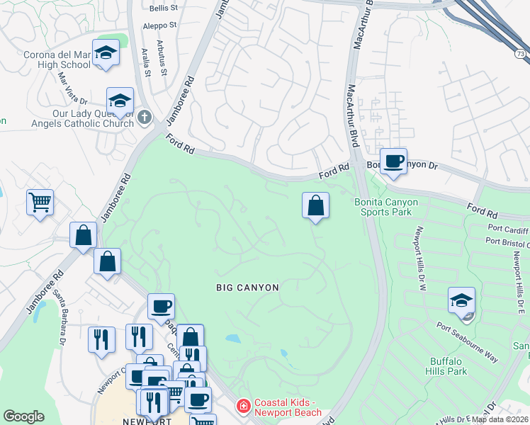 map of restaurants, bars, coffee shops, grocery stores, and more near 22 Cherry Hills Lane in Newport Beach