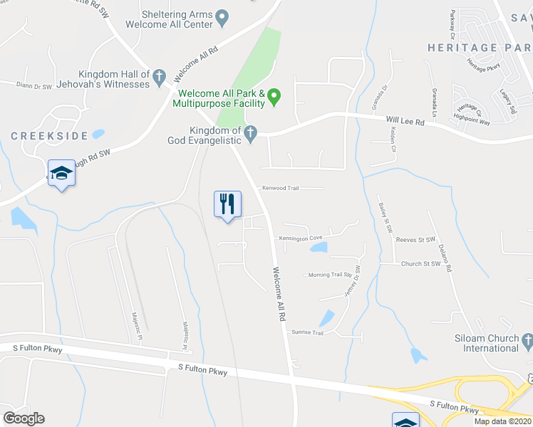 map of restaurants, bars, coffee shops, grocery stores, and more near 4685 Welcome All Road in Atlanta