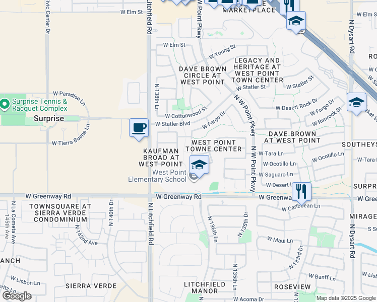 map of restaurants, bars, coffee shops, grocery stores, and more near 15752 North 137th Avenue in Surprise