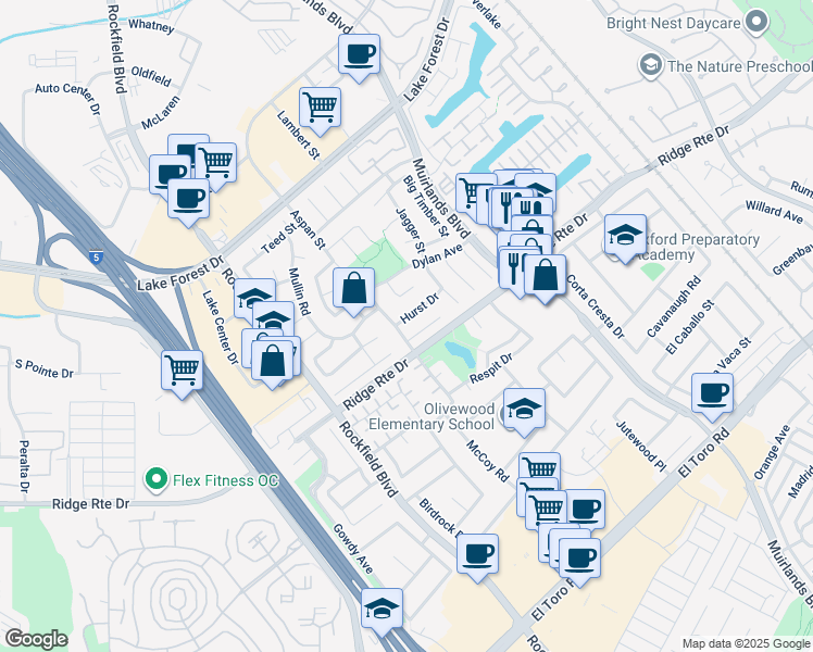 map of restaurants, bars, coffee shops, grocery stores, and more near 24092 Hurst Drive in Lake Forest