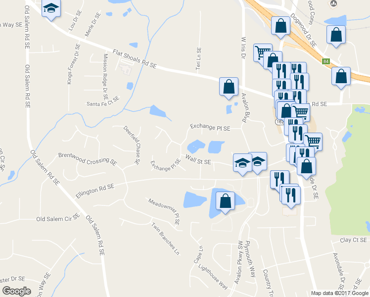 map of restaurants, bars, coffee shops, grocery stores, and more near 2248 Exchange Place Southeast in Conyers