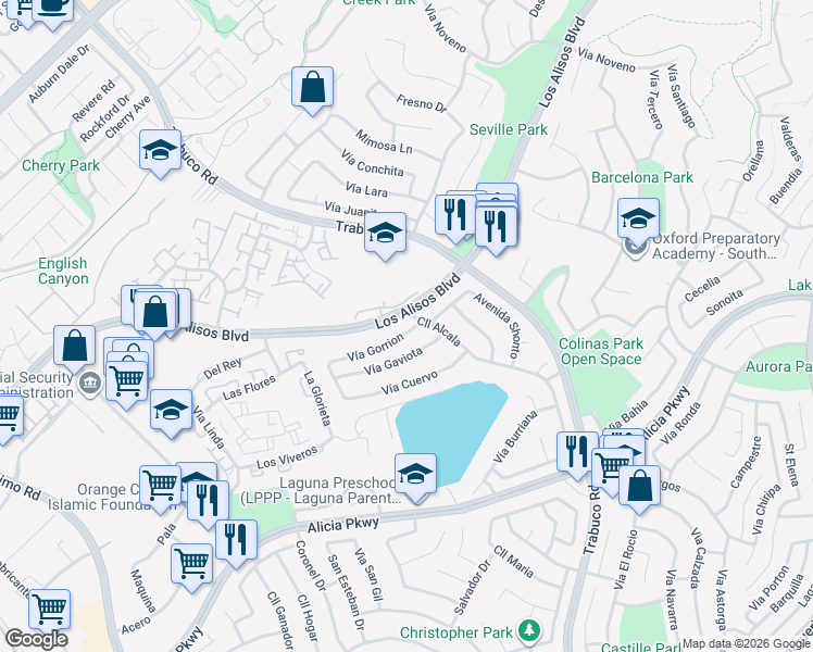 map of restaurants, bars, coffee shops, grocery stores, and more near 26521 Vía Gorrion in Mission Viejo