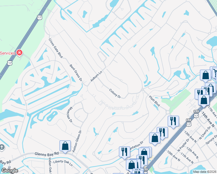 map of restaurants, bars, coffee shops, grocery stores, and more near 11 Colony Drive in Myrtle Beach
