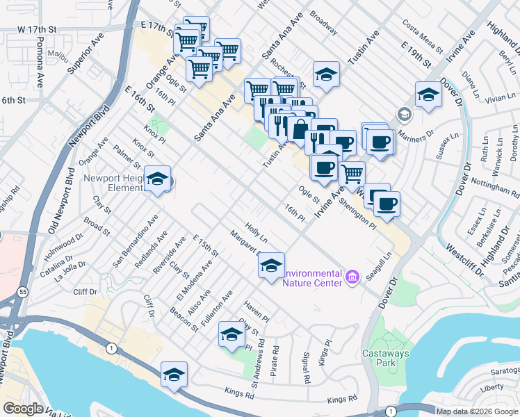 map of restaurants, bars, coffee shops, grocery stores, and more near 2421 East 16th Street in Newport Beach