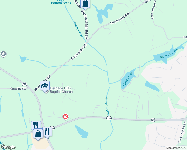 map of restaurants, bars, coffee shops, grocery stores, and more near 2524 Chimney Ridge Drive in Conyers