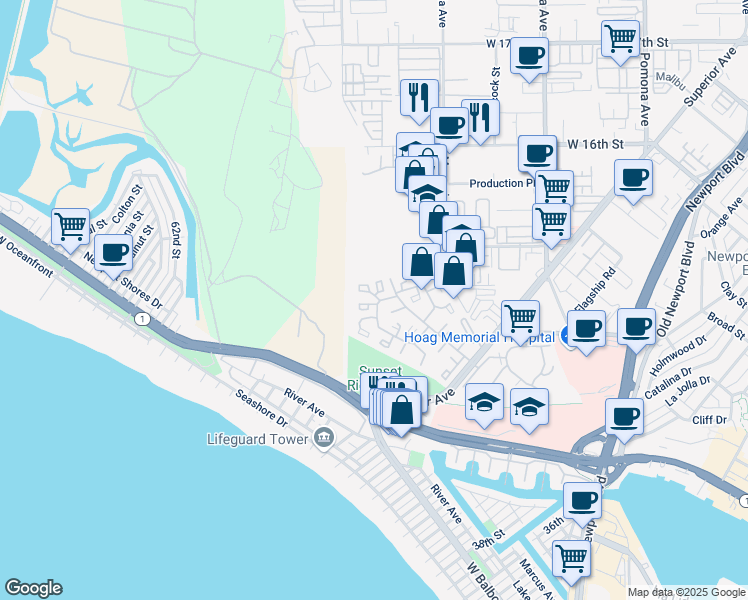 map of restaurants, bars, coffee shops, grocery stores, and more near 25 Odyssey Court in Newport Beach