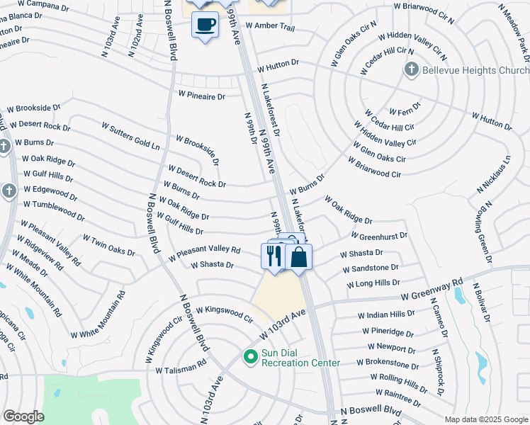 map of restaurants, bars, coffee shops, grocery stores, and more near 9914 West Oak Ridge Drive in Sun City