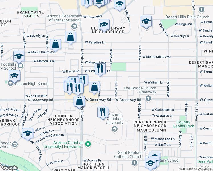 map of restaurants, bars, coffee shops, grocery stores, and more near 15617 North 57th Lane in Glendale