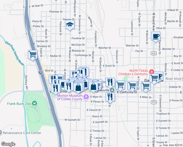 map of restaurants, bars, coffee shops, grocery stores, and more near 331 North Rusk Street in Gainesville