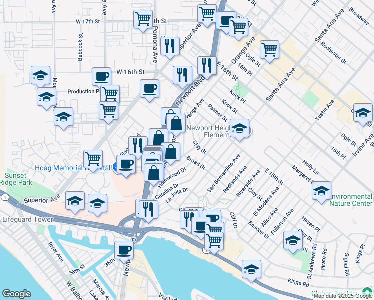 map of restaurants, bars, coffee shops, grocery stores, and more near 3204 Broad Street in Newport Beach