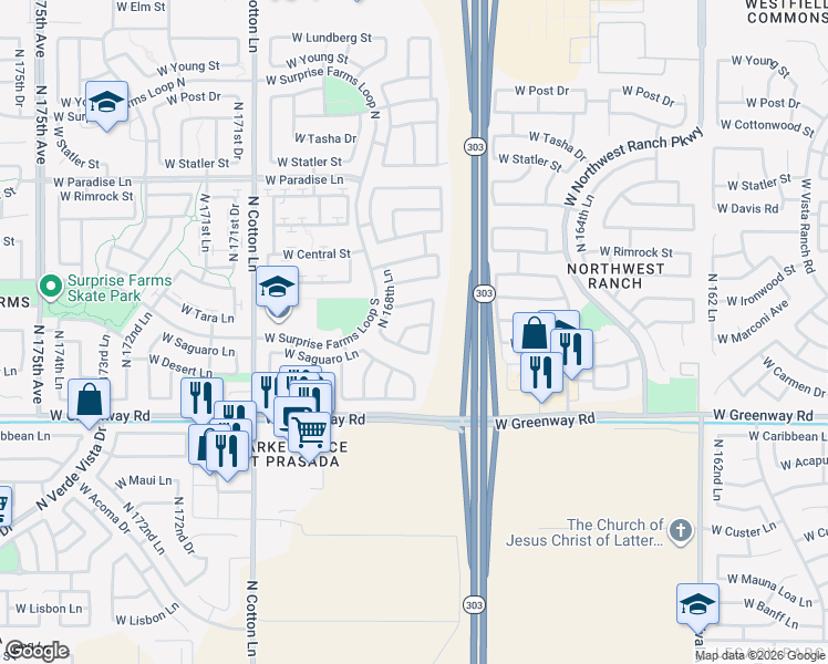 map of restaurants, bars, coffee shops, grocery stores, and more near 16819 West Sharon Drive in Surprise