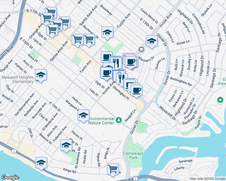 map of restaurants, bars, coffee shops, grocery stores, and more near 2115 Sherington Place in Newport Beach
