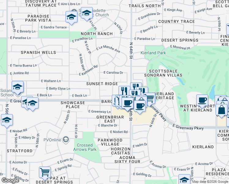 map of restaurants, bars, coffee shops, grocery stores, and more near 15425 North 63rd Street in Scottsdale