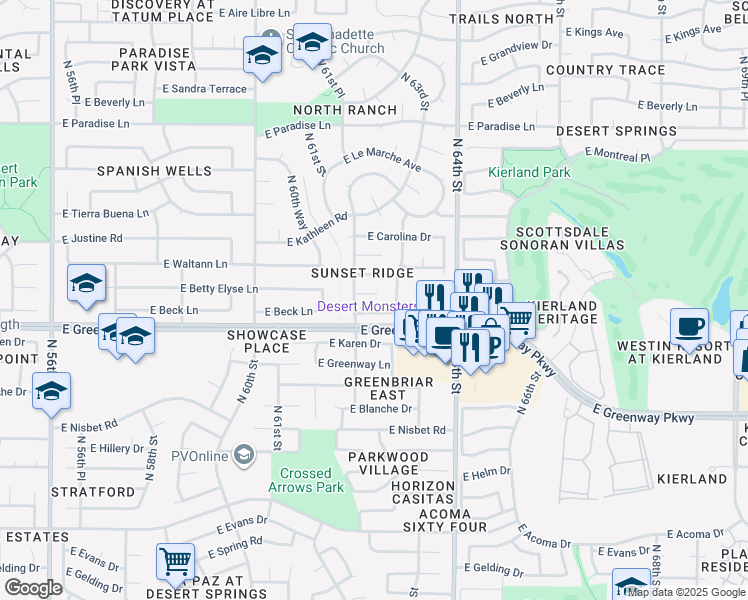 map of restaurants, bars, coffee shops, grocery stores, and more near 6225 East Betty Elyse Lane in Scottsdale