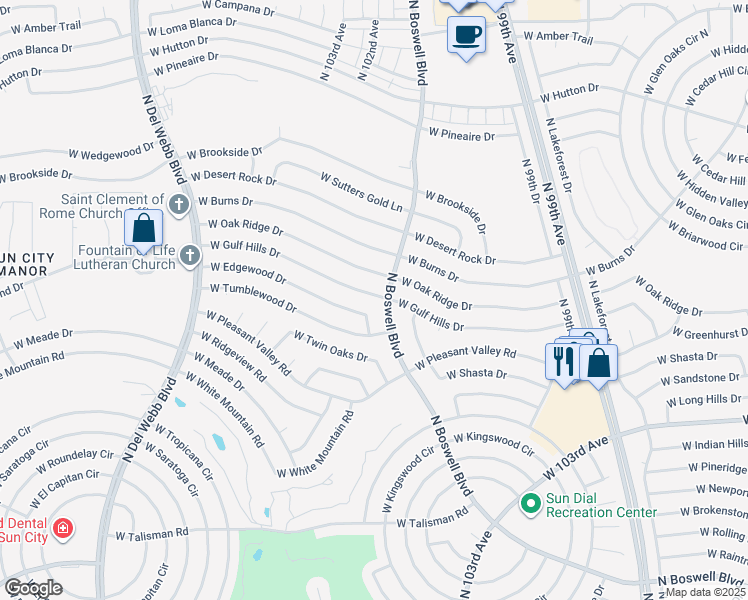 map of restaurants, bars, coffee shops, grocery stores, and more near 10207 West Gulf Hills Drive in Sun City