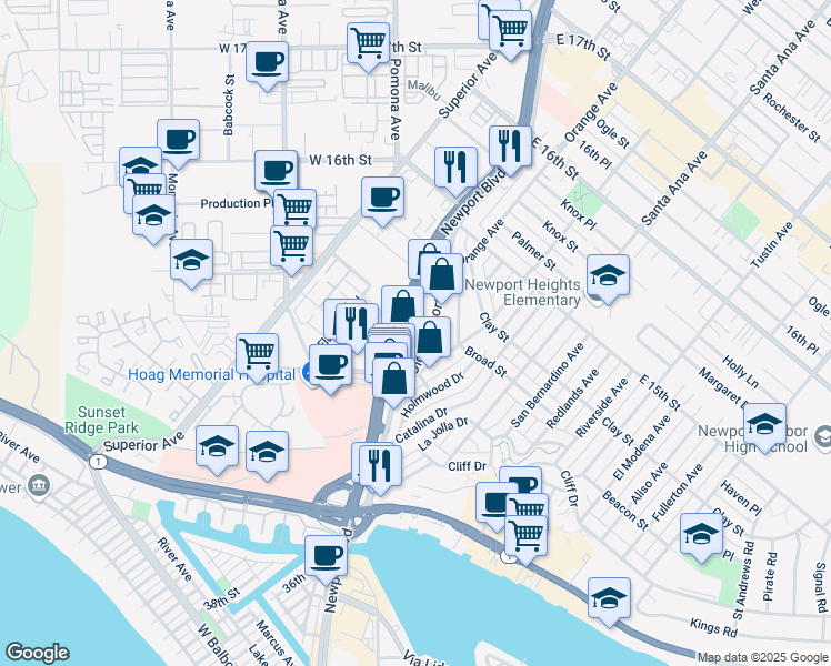 map of restaurants, bars, coffee shops, grocery stores, and more near 441 Old Newport Blvd in Newport Beach