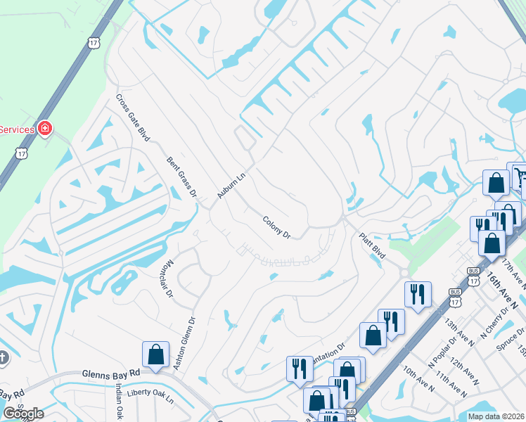 map of restaurants, bars, coffee shops, grocery stores, and more near 11 Colony Drive in Myrtle Beach